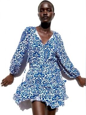 Zara Blue and White Printed Mini Dress